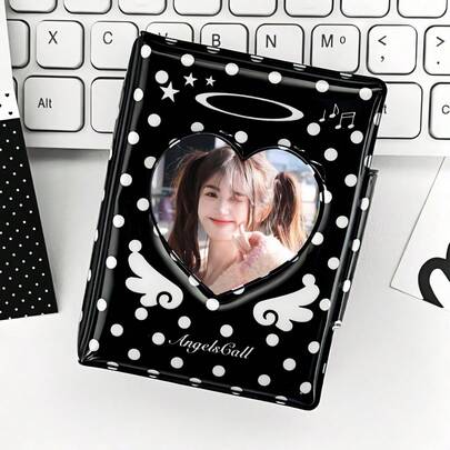 1pc Cute Polka Dot Angel Wings Photo Card Holder, Japanese Style Sticker Book With 16 Transparent Inner Pages, 1 Grid Mini Photo Album, Kpop Photo Card Binder, DIY Heart Cutout Cover, Suitable For 3-3.5 Inch Photos, Idol Album Photocard Storage And Display