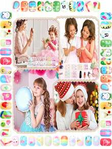 （168 件 7 包）和（24 件 1 包）儿童亚克力假指甲按压式预粘全覆盖闪光涂鸦熊、小狗、兔子和其他元素短儿童粘贴式假指甲套装适合儿童小女孩 - 可爱动物园主题