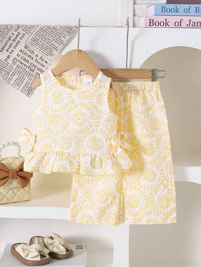 Baby Mädchen Lässig Vintage Jacquard Textur Trägerhemd mit Schleifendekor und lange Hose Set, bequem