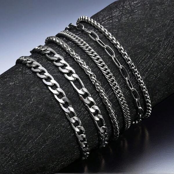 Set de 6 pulseras de cadena de acero inoxidable simple, universal y versátil para uso diario, vacaciones, regalos de citas, que combina con hombres y mujeres