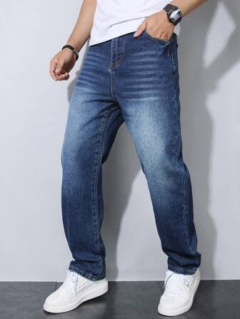 Jeans rectos de mezclilla desgastados de estilo informal azul marino para adolescentes