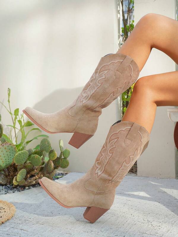 Damen Vintage Western Stickerei Plateau-Absatz Knie-hohe Cowboy-Stiefel, modische Reitstiefel
