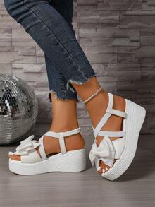 Sandal wedges elastis musim panas wanita dengan detail pita silang yang manis, sol tebal, bagian bawah ringan dari poliuretan, gaya elegan serbaguna untuk pemakaian sehari-hari dan liburan. - Putih - View 6