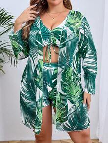Conjunto de traje de baño estampado tropical de talla grande top de tirantes con cordón y kimono de verano para mujer moda 3 piezas - Turquesa - Ver 6