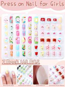 （168 件 7 包）和（24 件 1 包）儿童亚克力假指甲按压式预粘全覆盖闪光涂鸦熊、小狗、兔子和其他元素短儿童粘贴式假指甲套装适合儿童小女孩 - 可爱动物园主题