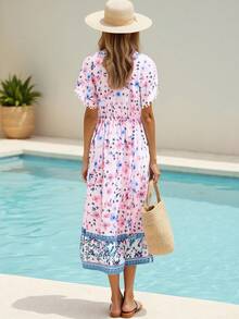 Vestido Casual De Mujer, Vestido De Manga Volantes Con Diseño De Borla, Vestido Con Cuello En V, Vestido Con Estampado Floral - Rosa - Ver 3