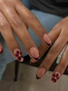 24pcs Y2K Short Oval French Tip Press On Nails, Flowers Design,Fit Perfectly Design Acrylic Fake Nails Set, Contain 1pc Jelly Glue And 1pc Nail File , French Tip Nail For Women And Girls Suitable For Summer Wear Nail Art - Multicolor - View 1