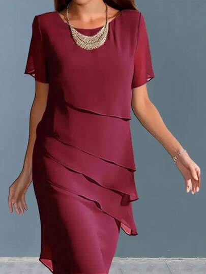 Women's Elegant Casual Chiffon Dress, Solid Color Short Sleeve Round Neck Flowy Ruffle Hem Loose Waist Dress, Breathable And Draping, Suitable For Office, Party And Daily Wear, Autumn/Winter Summer