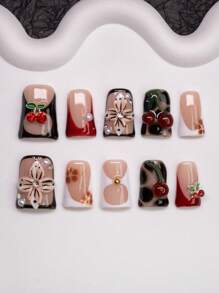 10pcs/Set Handmade Y2K Style Duck Mouth Fake Nails With French Edge, Hollow Carving, Tie Dye, Cherry, Pearl Design In Nude, Black, White, Red Colors, Suitable For Parties, Dances, Daily Wear, Comes With Tool Kit, Great Gift For Women And Girls