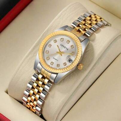 Watch Women Rhinestone Scale Dial Business Date Quartz Watch Round Hands Women Clock Party Wedding Gift Beach Vacation Valentine Gift