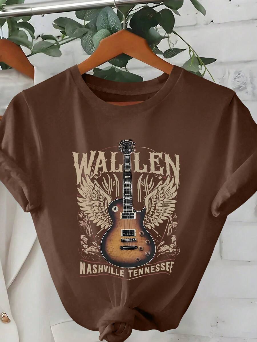 Áo thun rộng rãi màu đen giặt - Áo cổ tròn tay ngắn in chữ và họa tiết đàn guitar cho mùa xuân hè - màu nâu - Xem 1