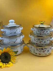 3 piezas Ollas esmaltadas de 12-16 pulgadas con borde dorado/plateado y floral, ollas esmaltadas para hervir café, leche, con doble asa y tapas. Olla esmaltada para cocinar en la cocina, adecuada para estufas de gas y placas de inducción