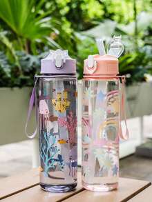1pc, 700ml/23OZ Ocean Animal Series Plastic Water Bottle With Cap, Straw And Carrying Strap, Portable, Multiple Styles Available, Suitable For Outdoor Sports, Cycling, Travel, Camping, Gifts And Festivals - Multicolor - View 4