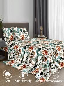 4pcs Plant Leaf & Floral Pattern Bedding Set, Soft Microfiber Easy Care Bedding Set, Floral Pattern Bed Sheet Set (1 Bed Sheet + 1 Fitted Sheet + 2 Pillow Shams), Garden Floral Fitted Sheet Set, Multiple Sizes Available, Deep Pocket Bed Sheet, Pillow Shams Up To 11.8 Inches, Soft & Breathable - Multicolor - View 2