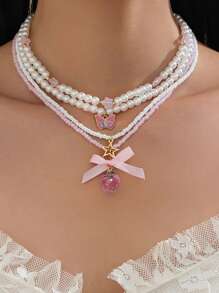 4pcs/Set Handmade Beaded Necklace Set For Women, Elegant Fashion Choker, Kawaii Party Flower Star Bow Pendant, Faux Pearl Bead, Minimalist Jewelry, Gift For Girlfriend