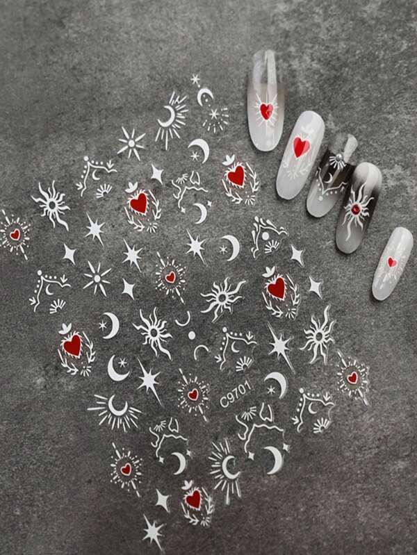 4pcs Gold, Silver, Black, White Heart Star Moon Nail Stickers, Chic Geometric Star Moon Pattern Adhesive Nail Art Stickers, Cool & Elegant, 4 Color Set