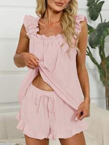 Womens Ruffle Pajama Set Cute Tank Top And Shorts Set Bride Pjs For Wedding Getting Ready Outfit - Pink - View 1