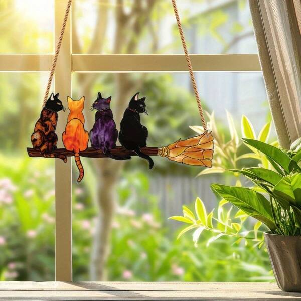 2D flache, 2D katzenförmige acryl Sonnenhänger, an einem Besen aufgehängt, Innen-/Außen Fensterdekoration, Weihnachts-/Erntedank Gartendekoration, Geschenk für Katzenliebhaber, ohne Strom - ohne Federn, 2D flach