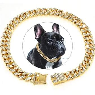 1 stuk Europese en Amerikaanse hiphop hondenhalsband, hondenriem met Cubaanse ketting versierd met kubieke zirkonia's, metalen ketting met veilige sluiting, accessoires voor huisdierensieraden