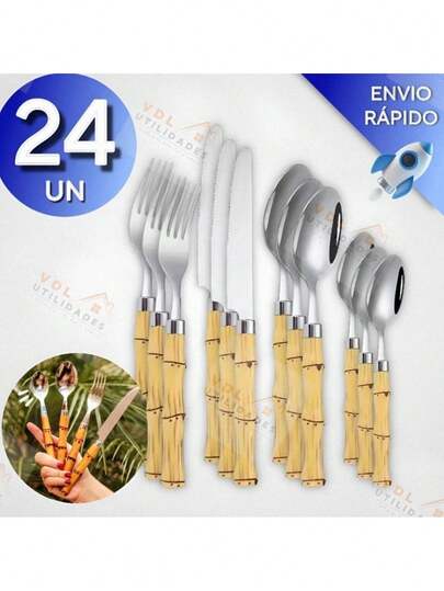 Jogo de Talheres 24 Peças Faca Garfos Colher e Colheres de Sobremesa Em Aço Inox de Cabo Plástico Bambu