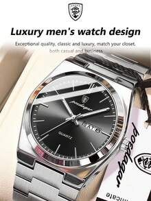 POEDAGAR 1 件装时尚防水夜光不锈钢男士手表，带日期和星期显示，休闲石英腕表，男士手表 + 礼盒