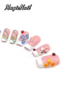 10 Pieces Of Pure Hand-Pressed Wearable Nails, Press On Nails,25mm-Length Nail Pieces, Flesh-Colored White Contrasting, Multiple Hand-Pinched Raised Petals To Draw A Variety Of Different Styles Of Flowers, Yellow, Green, Pink, Blue, Etc., Raised Green Leaf Shape, Multiple Raised Ladybug Shape, Beetle.