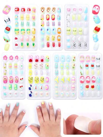 (168pcs 7packs) And (24pcs 1packs) Kids Acrylic False Nails Press-On Pre-Glued Full Cover Glitter Flowers Graffiti Short Kids Stick-On False Nails Set For Kids Little Girls - Cute Spring Summer Theme Nail Supplies