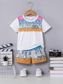 Boys Summer Outfit: Round Neck Short Sleeve Ice Cream Cone Ombre Print T-Shirt + Fully Ombre Ice Cream Cone Print Shorts Set