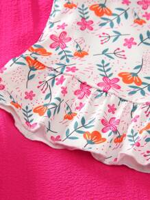 Set de 2 piezas para niñas pequeñas: Top sin mangas con volantes de estampado floral diminuto y pantalones largos de color rojo rosa, últimos diseños de moda para el verano