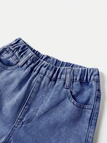 青少年/青少年女孩蓝色实用牛仔裤，休闲宽松直筒多口袋裤 - 深色水洗藍 - 查看 4