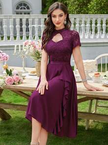 MIUSOL Floral Lace High Neck Side Ruffle Chiffon Cocktail Party Swing Dress - Maroon - View 7