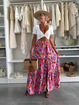 Saia longa feminina elegante com babados e babados florais e fenda alta e baixa