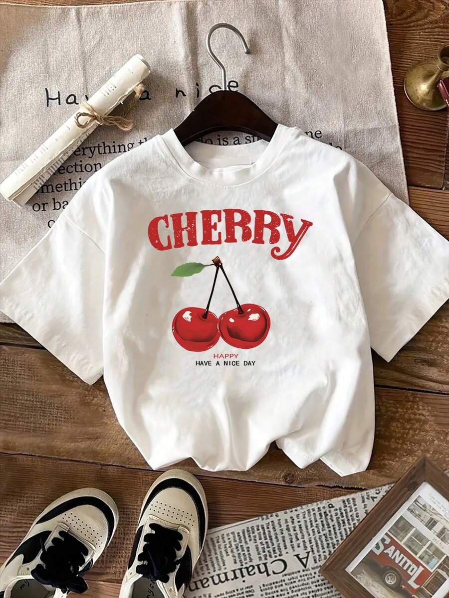 1 Pack Girls Casual Printed Crew Neck Short Sleeve T-Shirt Summer Student Youth Clothing - 白色 - 查看 1