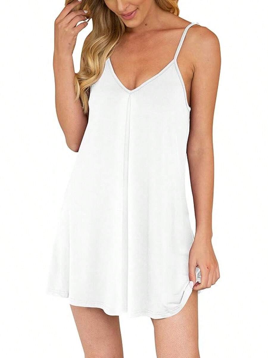 Nightgown Women Loose Sleepwear Pajama Dress Soft Nightshirt Sleeveless Nightdress Chemise - 白色 - 查看 1