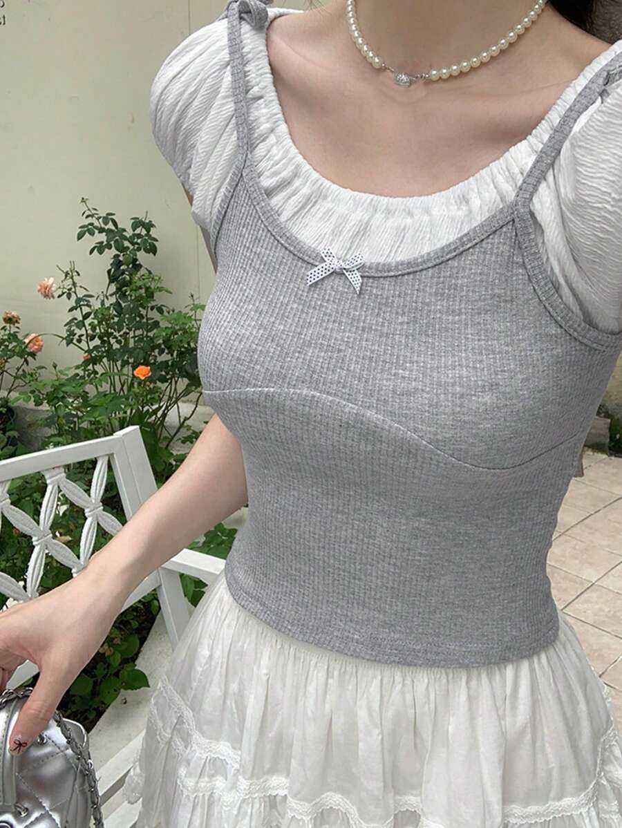 French Style Puff Sleeve 2 In 1 Short Sleeve T-Shirt, Fitted And Elegant Short Top