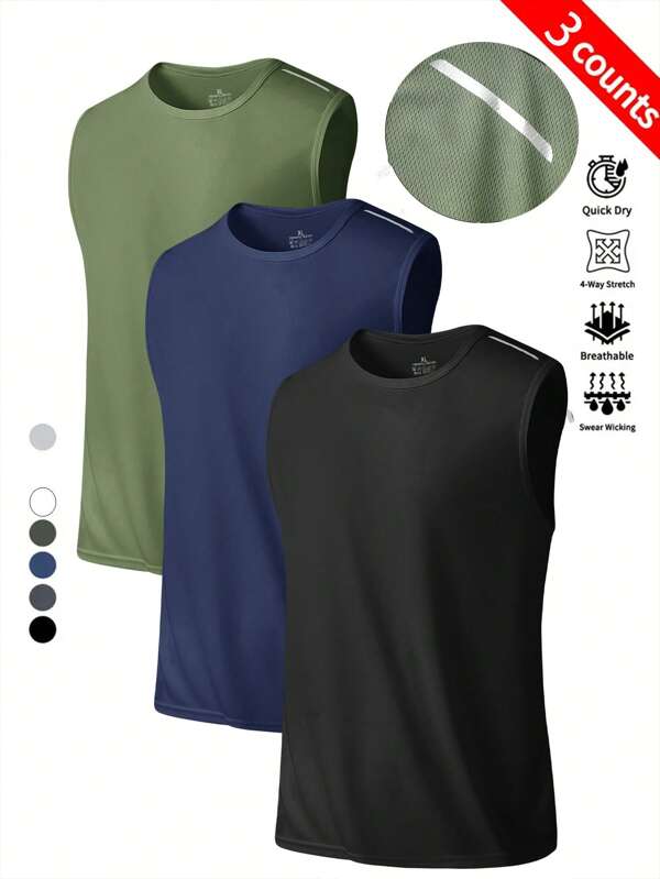 3pcs Men's Sports Sleeveless Round Neck Tank Top, Fitness Running Training Vest