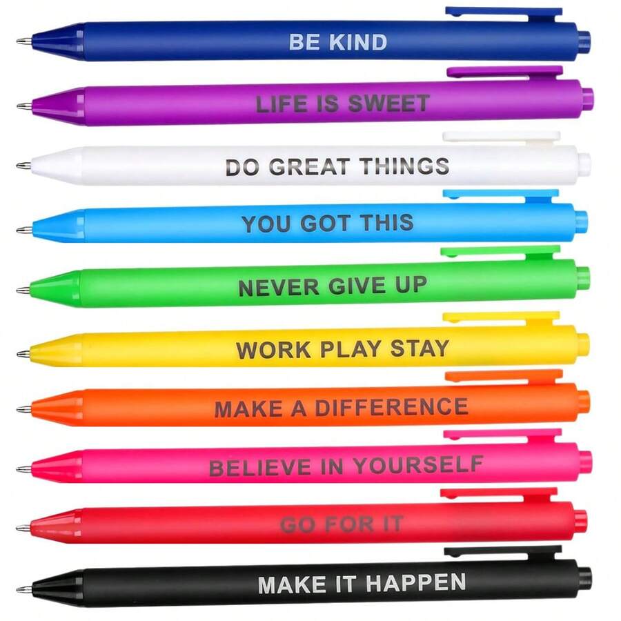 10 支励志名言伸缩圆珠笔，彩色散装励志墨水凝胶笔，适合学校和办公用品学校用品，返校 - 彩色 - 查看 1