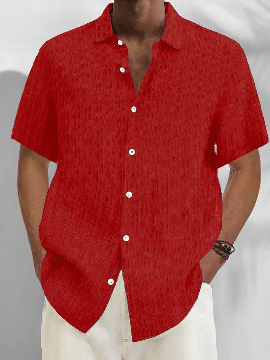 Camisa casual de manga corta con botones, holgada, ligera y transpirable para hombres - Rojo - Ver 1
