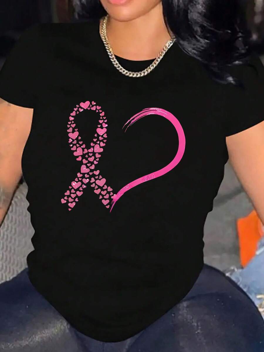 Women's Casual Sports T-Shirt, Round Neck, Short Sleeve, Creative Heart Breast Cancer Awareness Print, Comfortable Summer Top For Holidays - 黑色 - 查看 1