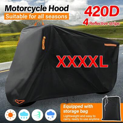 A Black Motorcycle Cover 4XL Coated With Silver Cloth For Sun Protection, Rain Prevention, Dust Prevention, Oxford Cloth Cover, Large Size