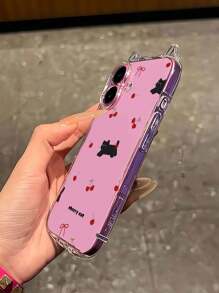 1 pieza Funda de teléfono transparente con gato negro y cereza, diseño de orejas de gato, cojín de aire anti-caída, funda de TPU suave de 1.5 mm con orificio para cordón, apta para iPhone 16/16Pro/16PLUS/16Promax/15Promax/11/12/13/14/15Plus/15Pro/14Pro/13Pro/16E