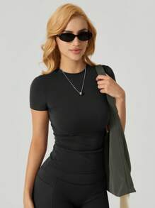 NcmRyu 1 Stück Damen nahtloses, elastisches, einfarbiges, modisches, vielseitiges, figurbetontes Sport-Kurzarm Top