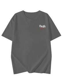 女士休闲宽松字母与图案印花短袖 T 恤，百搭夏装 - 深灰色 - 查看 4