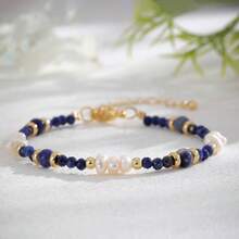 1 pieza Cadena con cuentas de piedra natural de estilo lujoso con perla cultivada y separador metálico, cierre ajustable, joyería de moda para mujer, adecuada para festivales, ir al trabajo, citas, regalo