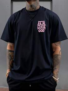 Men's Outdoor Sports Vintage "IT'S NEVER LUCK IT'S ALWAYS GOD" Graphic Tee, Suitable For Hiking, Fishing, Casual Daily Wear, Spring/Summer