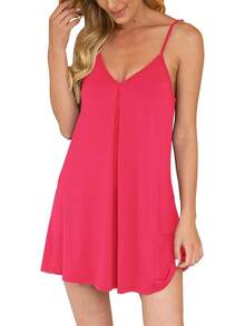Nightgown Women Loose Sleepwear Pajama Dress Soft Nightshirt Sleeveless Nightdress Chemise - 西瓜紅 - 查看 1