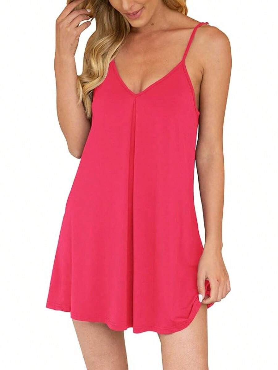 Nightgown Women Loose Sleepwear Pajama Dress Soft Nightshirt Sleeveless Nightdress Chemise - 西瓜紅 - 查看 1