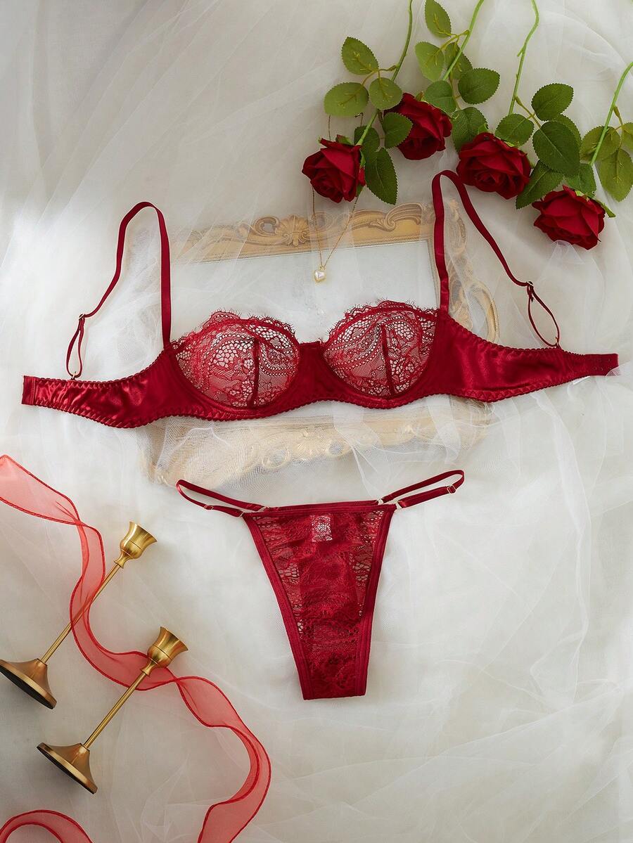 ROMWE Goth French Fashionable & Charming Design, Sexy Mesh Lash Trim Bra, Youthful Alluring Half-Exposing Intimate Apparel, Tempting Semi-Sheer Lingerie Set With G-String, Suitable For Romantic Trips And Fantasy Nights - Red - View 1