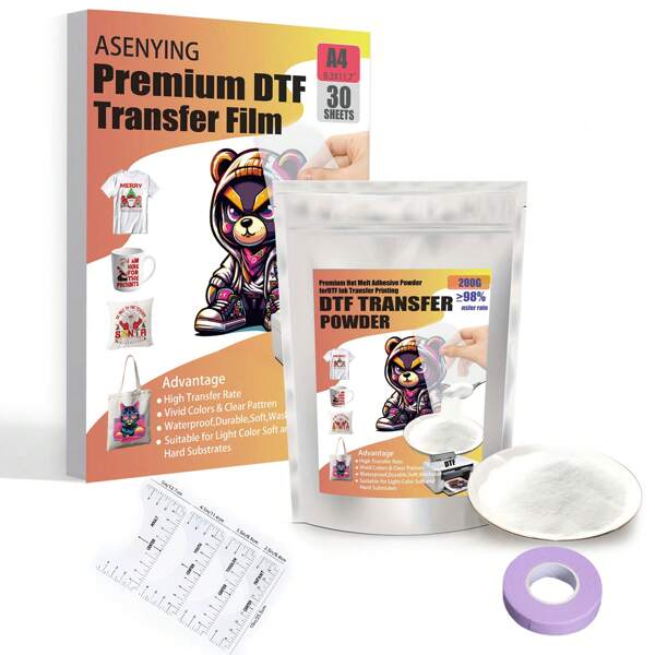 DTF Transferfolie und Pulver Starterset, enthält 30 Blatt A4 11,7*8,3 Zoll DTF Folie, 200G/7,05 Unzen Schmelzpulver, 1 Rolle Klebeband, 4 Stück T-Shirt Linealführung, für Tintenstrahl-Drucker kann 3D/2D-Bilder drucken Schulmaterial, Schulanfang