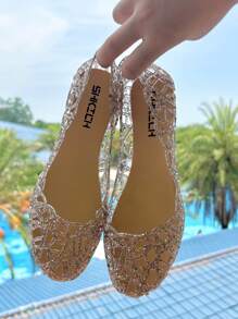 Women's Summer Closed Toe Flat Jelly Crystal Sandals, Hollow-Out Soft Beachside Shoes